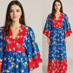 VINTAGE 1960s Arpeja Red & Blue Cotton Floral Print Caftan Dress